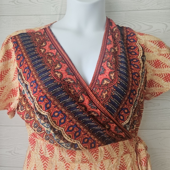 Red and Orange V-Neck Mini Sundress with Flutter Sleeves - Picture 4 of 4